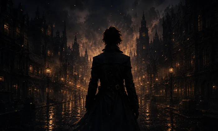 Silhouetted figure walking a rain-lit Victorian street