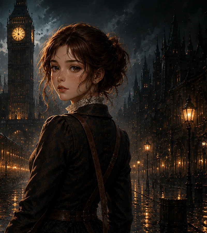 Cora Hallowell, sole survivor of the train crash, standing before Big Ben at night