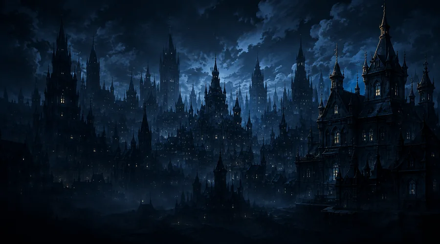 A dark gothic city of countless spires beneath a moonlit sky